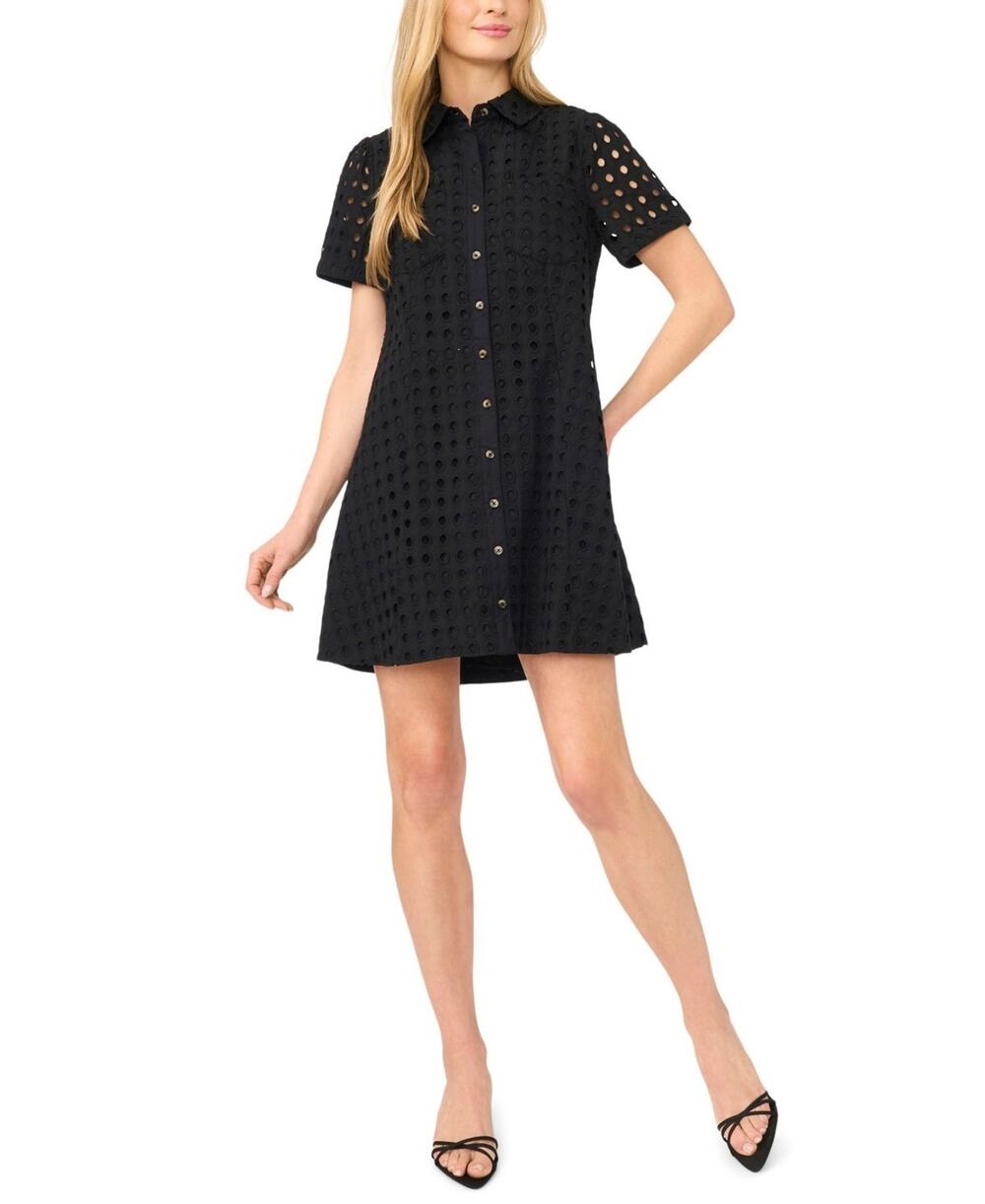 CeCe Women's Short-Sleeve Eyelet Shirt-Dress Black Size 10 3704